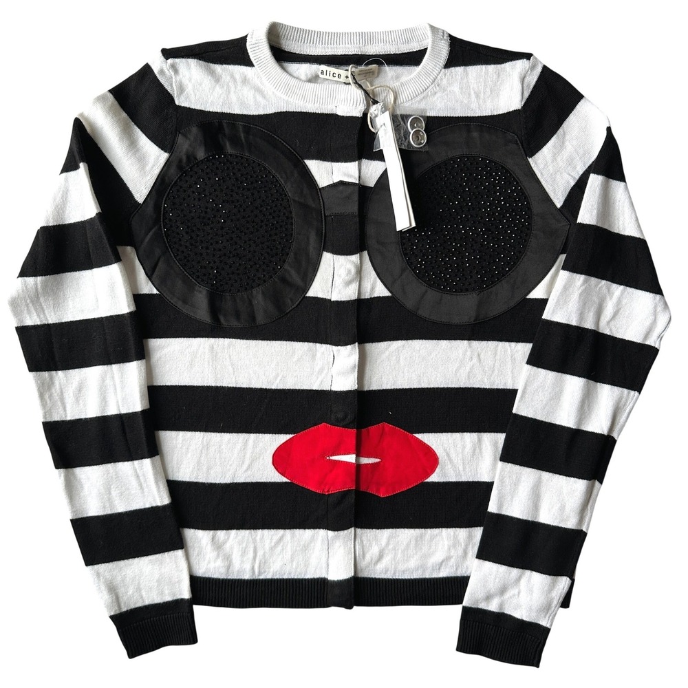 NWT Alice + Olivia Stacey Face Striped Cardigan Black White Sequin S - Picture 4 of 16